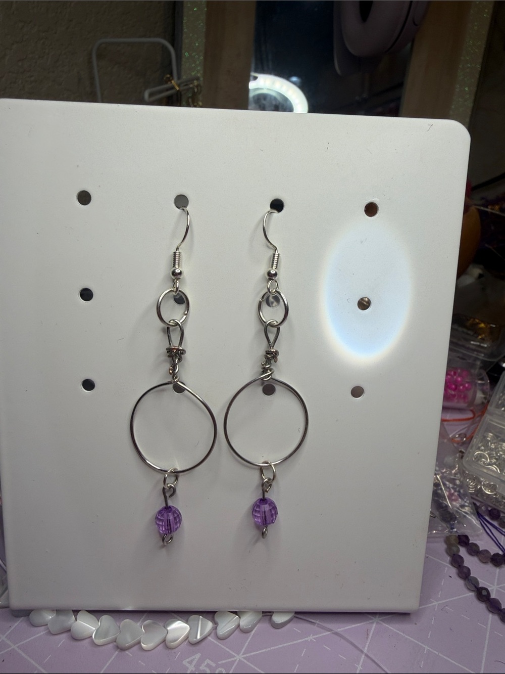 Silver Hoop Drop Earrings with Purple Bead
